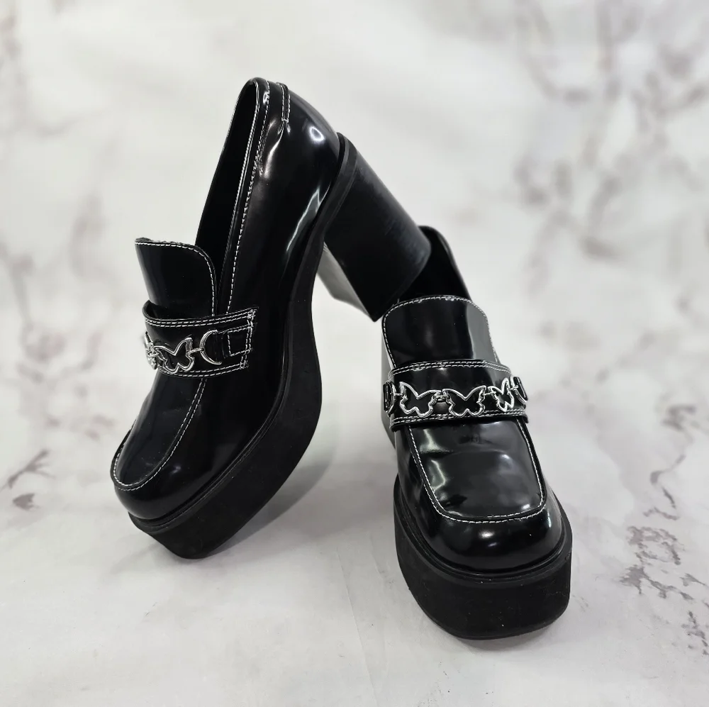Delias Dolls Kill Loafer Women 10 Black Patent There She Platform Butterfly Shoe - Picture 10 of 11